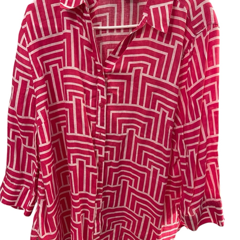 Chico’s size 2 ( women’s Large) geometric linen LS top/blouse/pink white